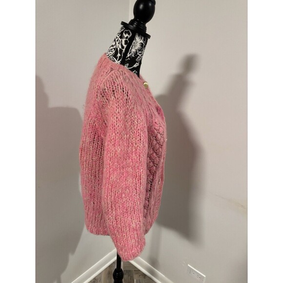 60s Vintage Pink Mohair Wool 3/4 Sleeves Hand Knit Italy Cardigan Sweater Small - Picture 4 of 5